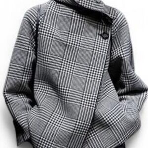 UOOZEE Long Sleeves Loose Asymmetric Houndstooth Plaid Stand Collar Jacket